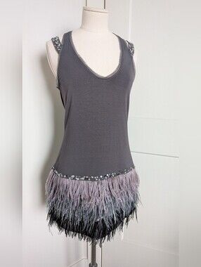 NWOT Bebe Grey Sequins Feather Jersey Silk Tank Top Racerback Dress  XS